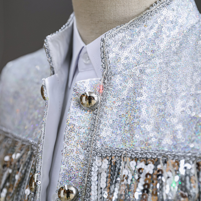 跨境专供外贸男装带led灯银白色亮片西装立领短款宫廷舞台演出服