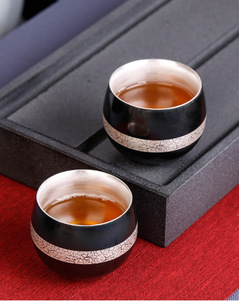 鎏银罗汉杯陶瓷单个主人杯品茗杯功夫茶杯子家用禅定杯黑色单杯