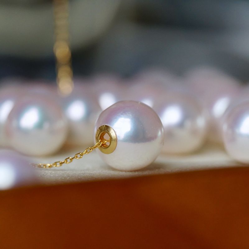 日本花珠akoya樱花粉正圆天然珍珠项链吊坠女18k金海水珍珠路路通
