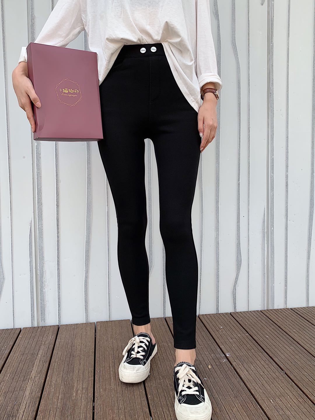 小猫脚印小黑裤外穿秋冬加绒小脚黑色打底裤高腰桂花九分vc裤子