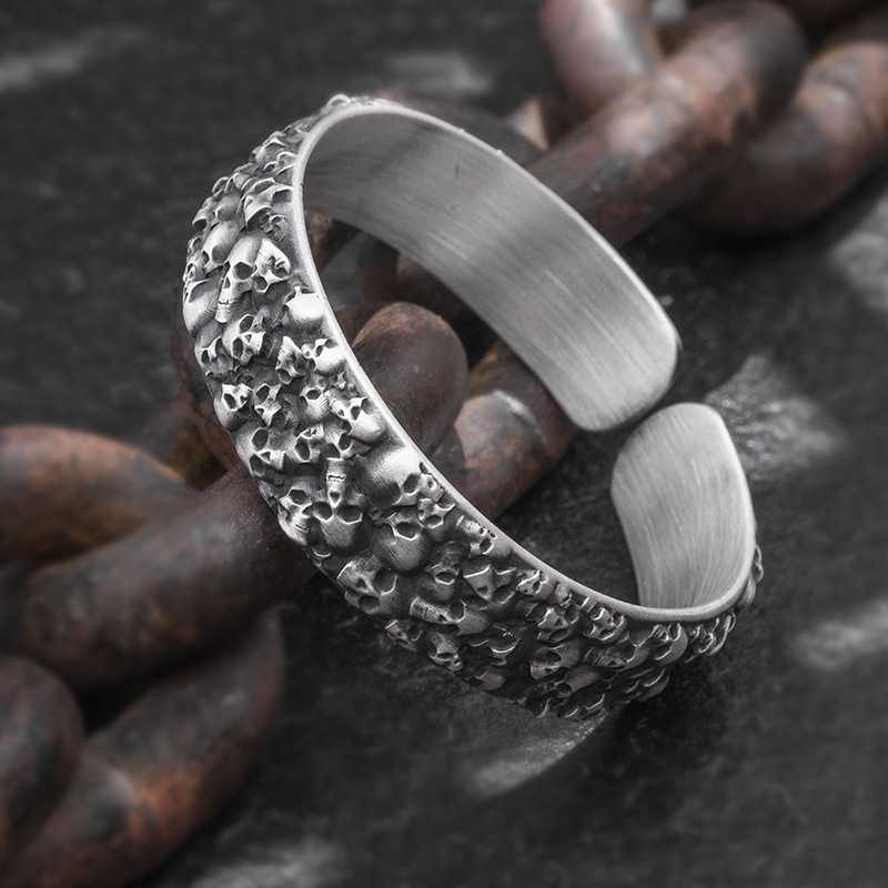 骷髅大理雪花银手镯酷银店个性潮品银饰工艺手工银饰999足银开口