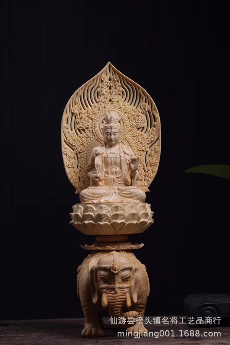 批发桧木雕摆件佛像木工艺雕刻居家生肖守护文殊普贤菩萨工艺品