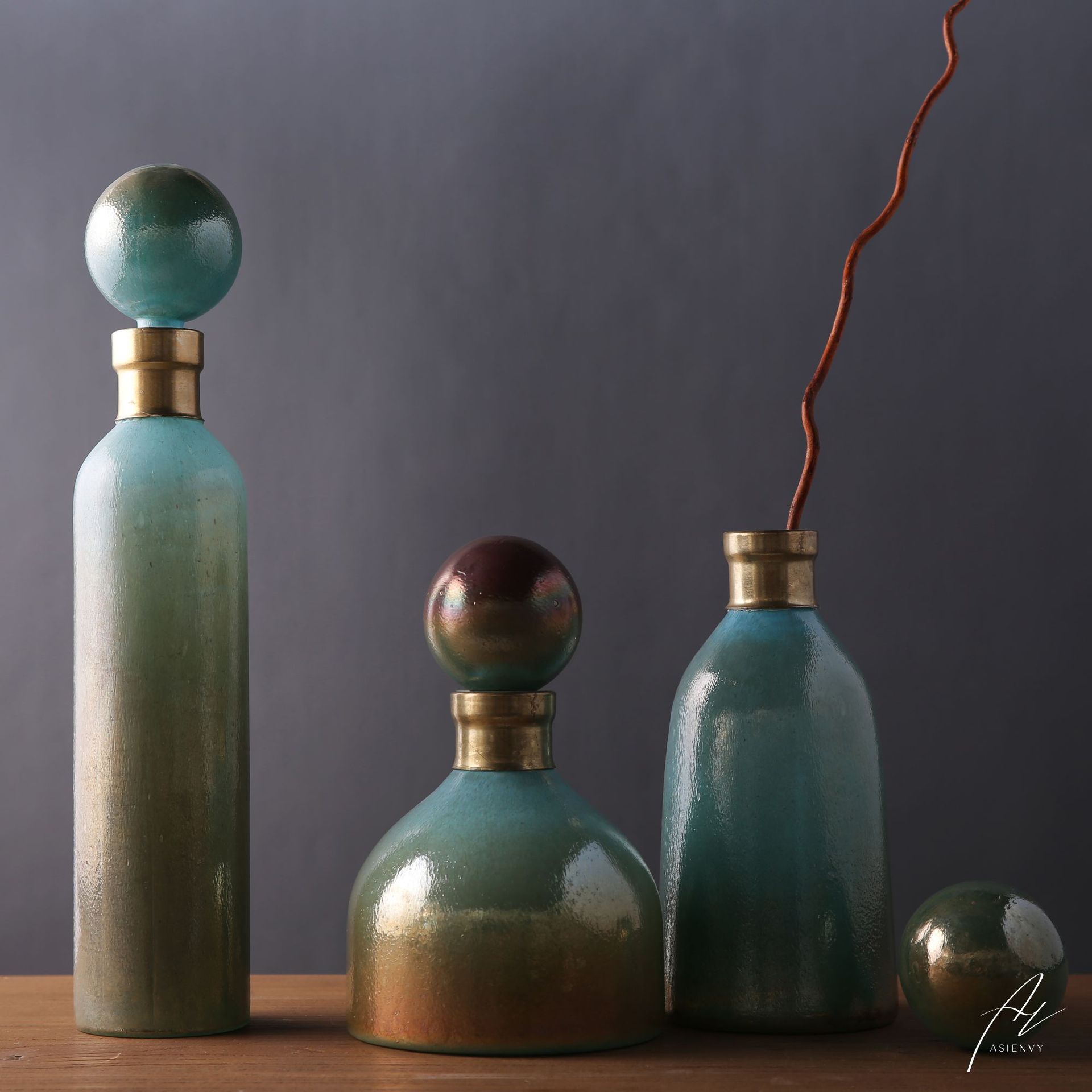 asienvy 土耳其彩色玻璃花瓶复古珠光渐变插花家居软装饰陈设摆件