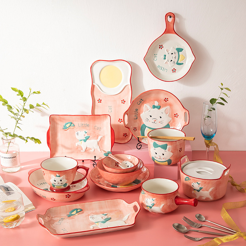 Japanese Cartoon Pink Cat Cute Bowl Single Household Ceramic Tableware Rice Bowl Noodle Bowl Dish Rectangular Fish Dish