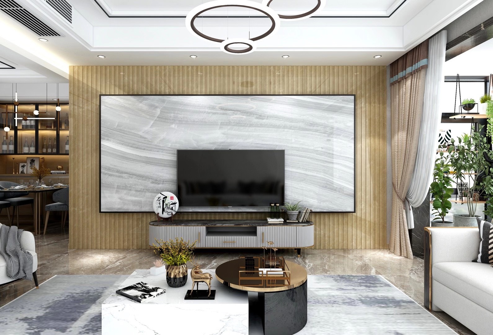 石材格栅背景墙,前卫又舒适的装修风格