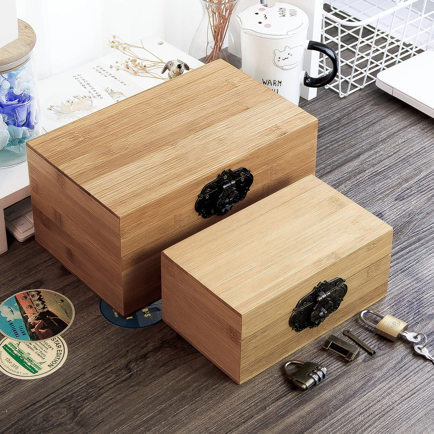 实木带锁木箱竹长方形储物箱收纳木箱子木质盒整理盒子小书箱密码