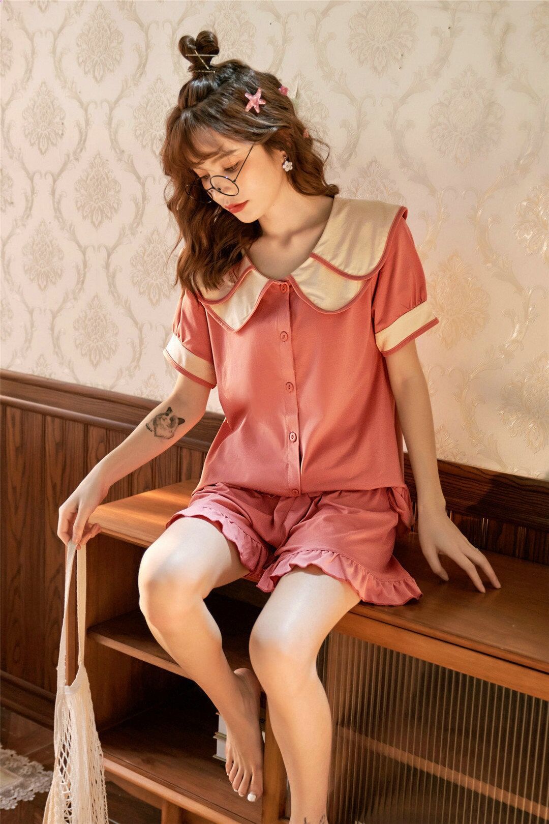 春秋夏季睡衣女短袖短裤纯棉薄款韩版睡裙学生家居服两件套 01007
