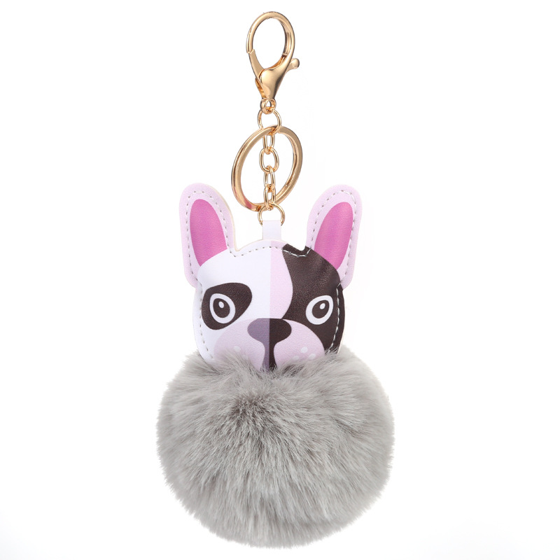 New Cute Puppy Fur Ball Keychain Bag Ornaments PU Leather Bulldog Keychain Pendant Factory Outlet