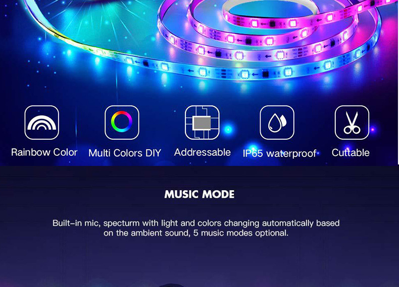 音乐蓝牙幻彩5050套装灯带智能滴胶防水rgb彩色跑马灯条跨境专供