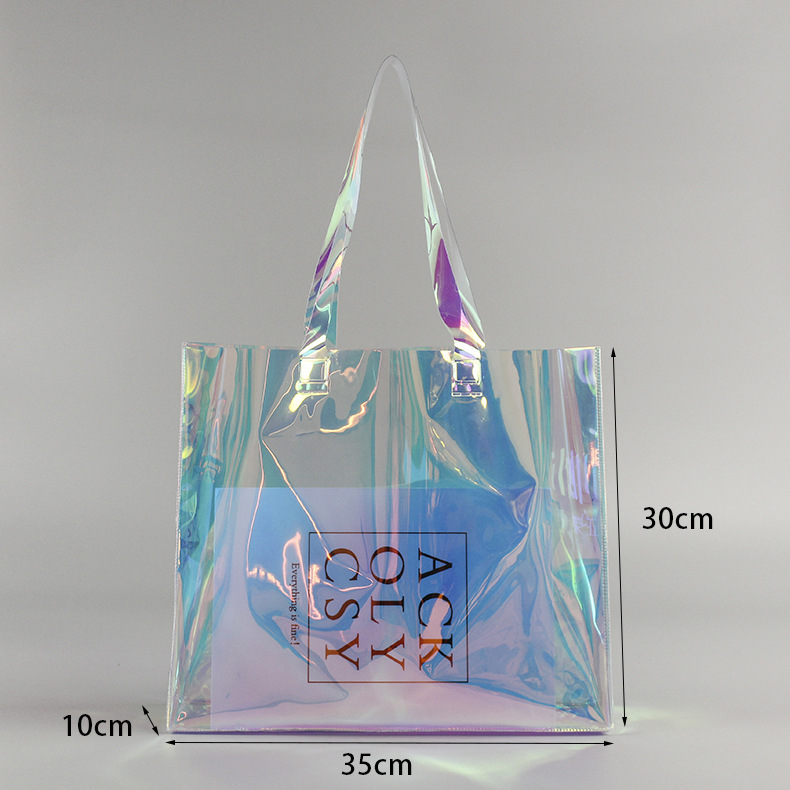 现货pvc镭射手提袋tpu透明幻彩化妆品服装店包装袋单肩网包logo