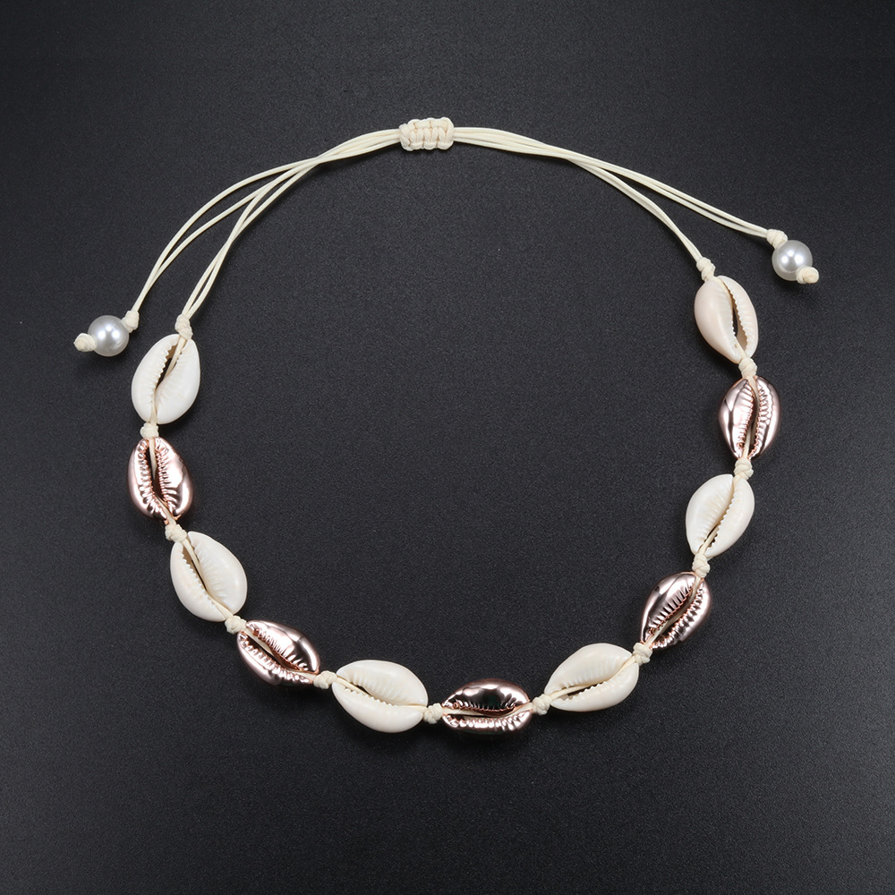 波西米亚风手工编织白贝壳项链女 珍珠扣款锁骨链颈链 创意品外贸