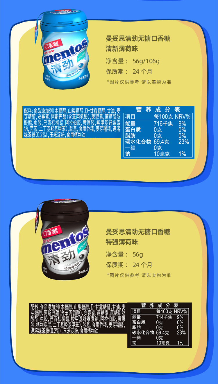 曼妥思清劲无糖口香糖特强薄荷味56g/瓶清新口气办公室分享零食