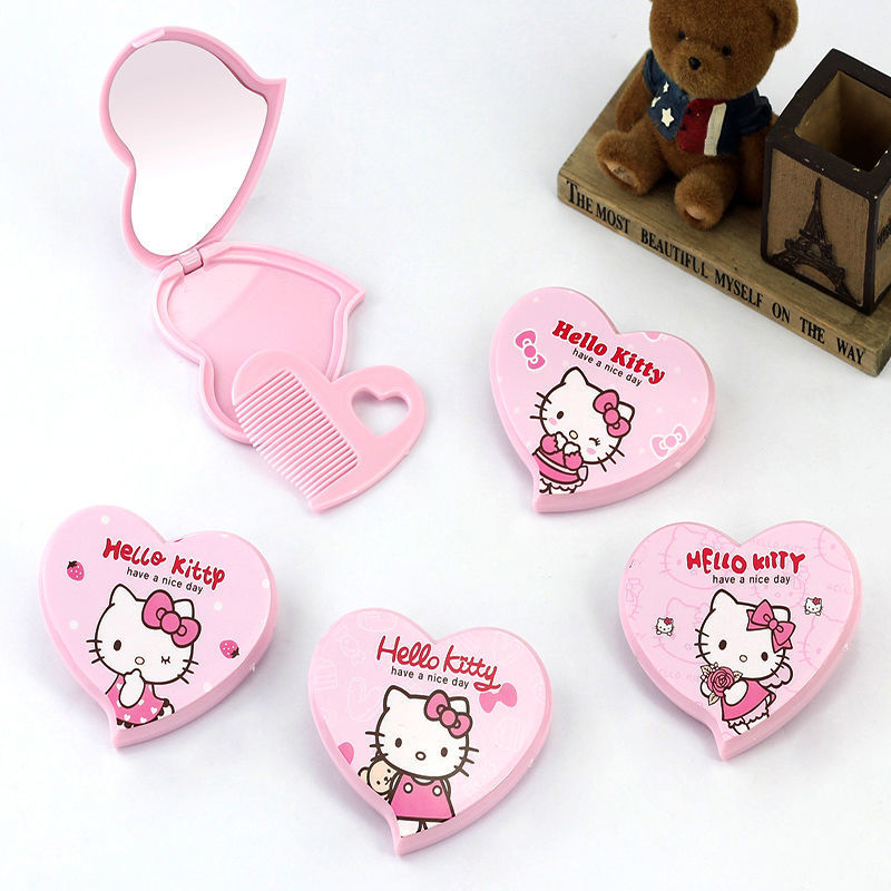 Cartoon Hello Kitty Small Mirror Small Comb Cute Folding Makeup Comb Mirror Set Portable Mirror and Comb Portable Mirror Comb