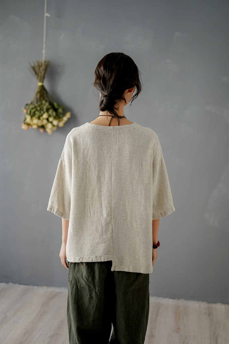 2020春夏新品棉麻女装复古文艺手工缝线v领不规则亚麻短袖上衣t恤