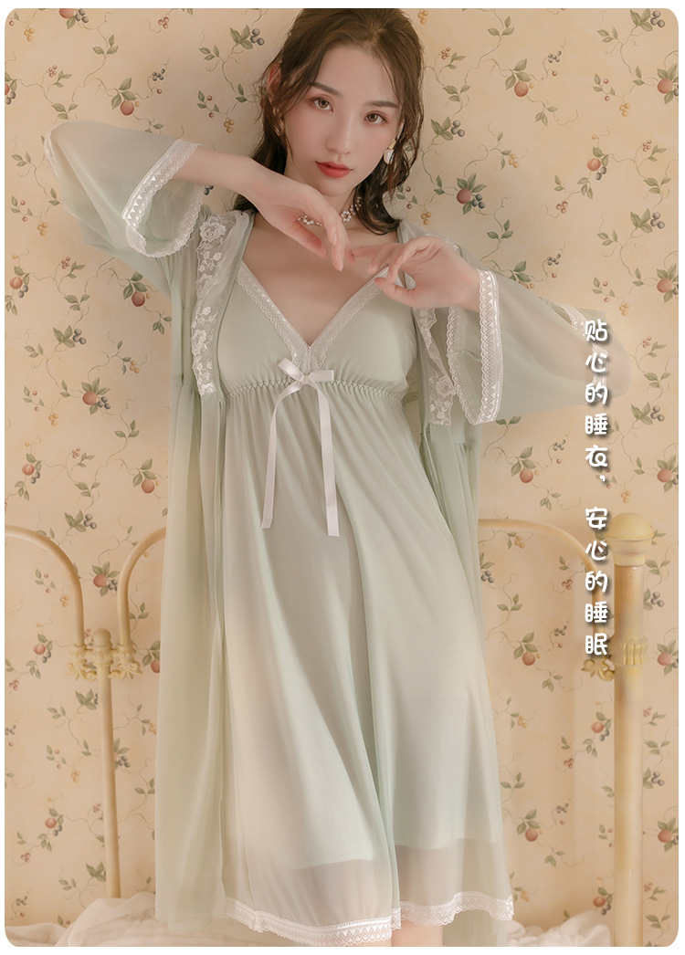 2020秋季新品跨境专供外贸睡衣女士网纱睡裙两件套时尚蕾丝睡袍