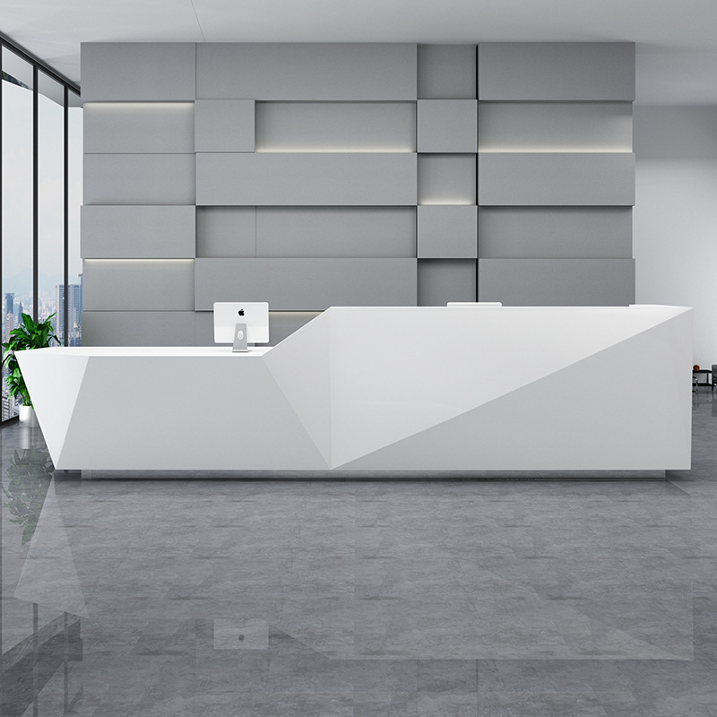 简约现代公司前台接待台高低异形白色烤漆办公桌创意酒店吧台定制