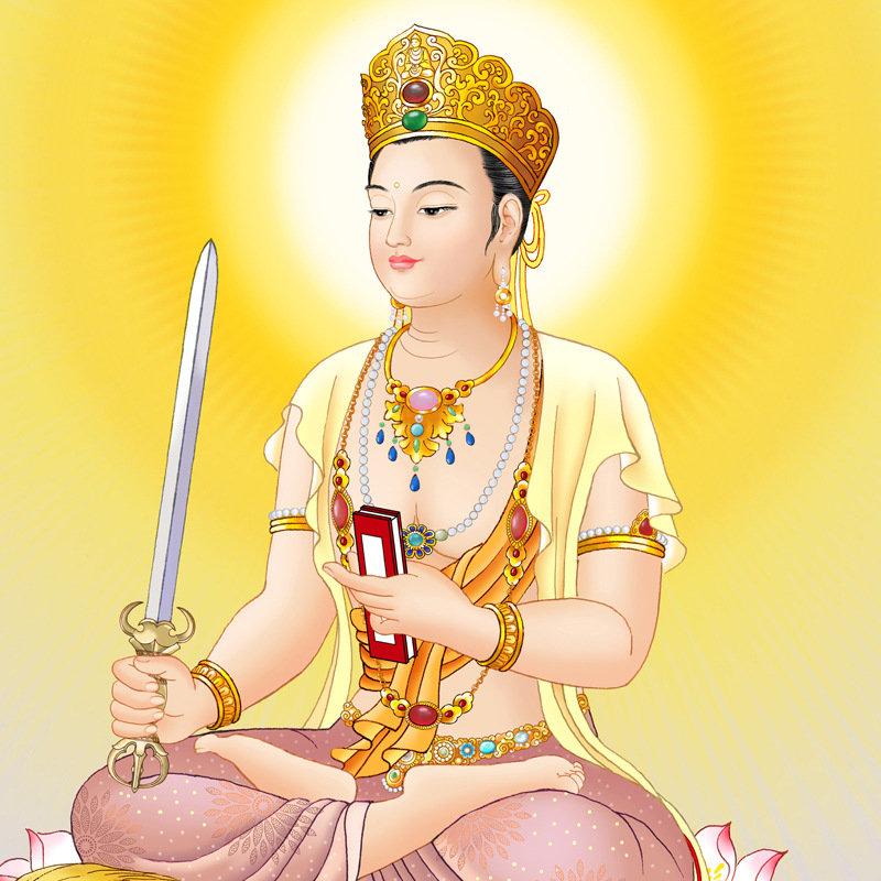 高清文殊普贤菩萨挂画佛堂家居供奉佛像画像卷轴画书房客厅装饰画