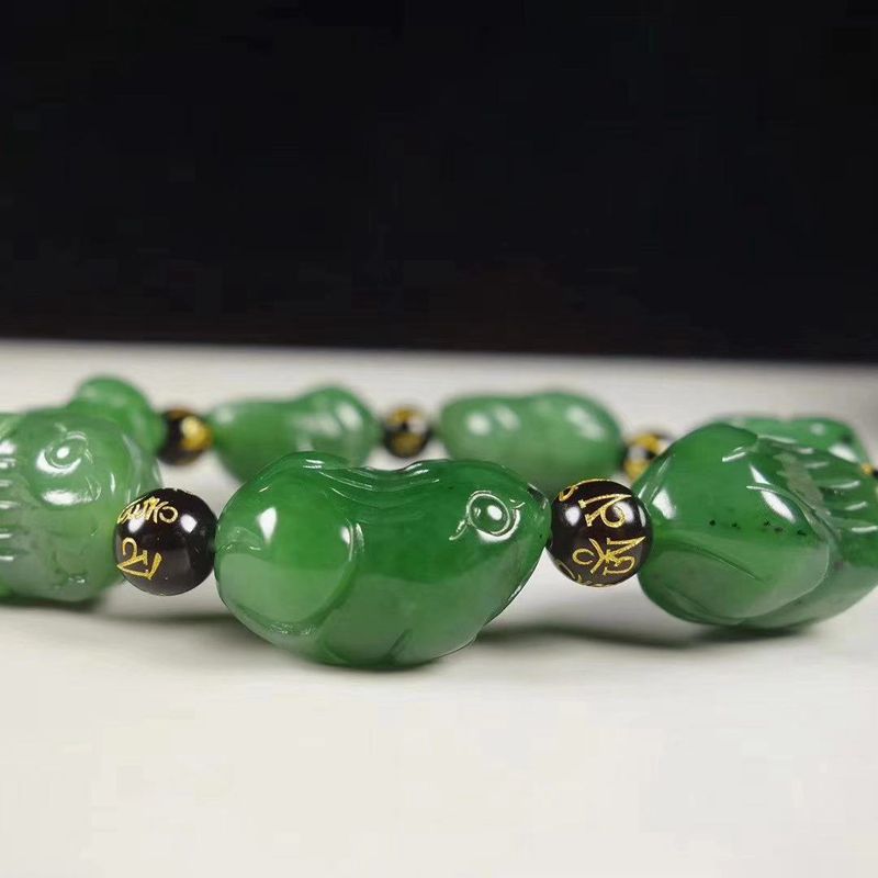 温润斋天然和田玉俄料碧玉玉石呱呱来财手链玉器青蛙手串送证书
