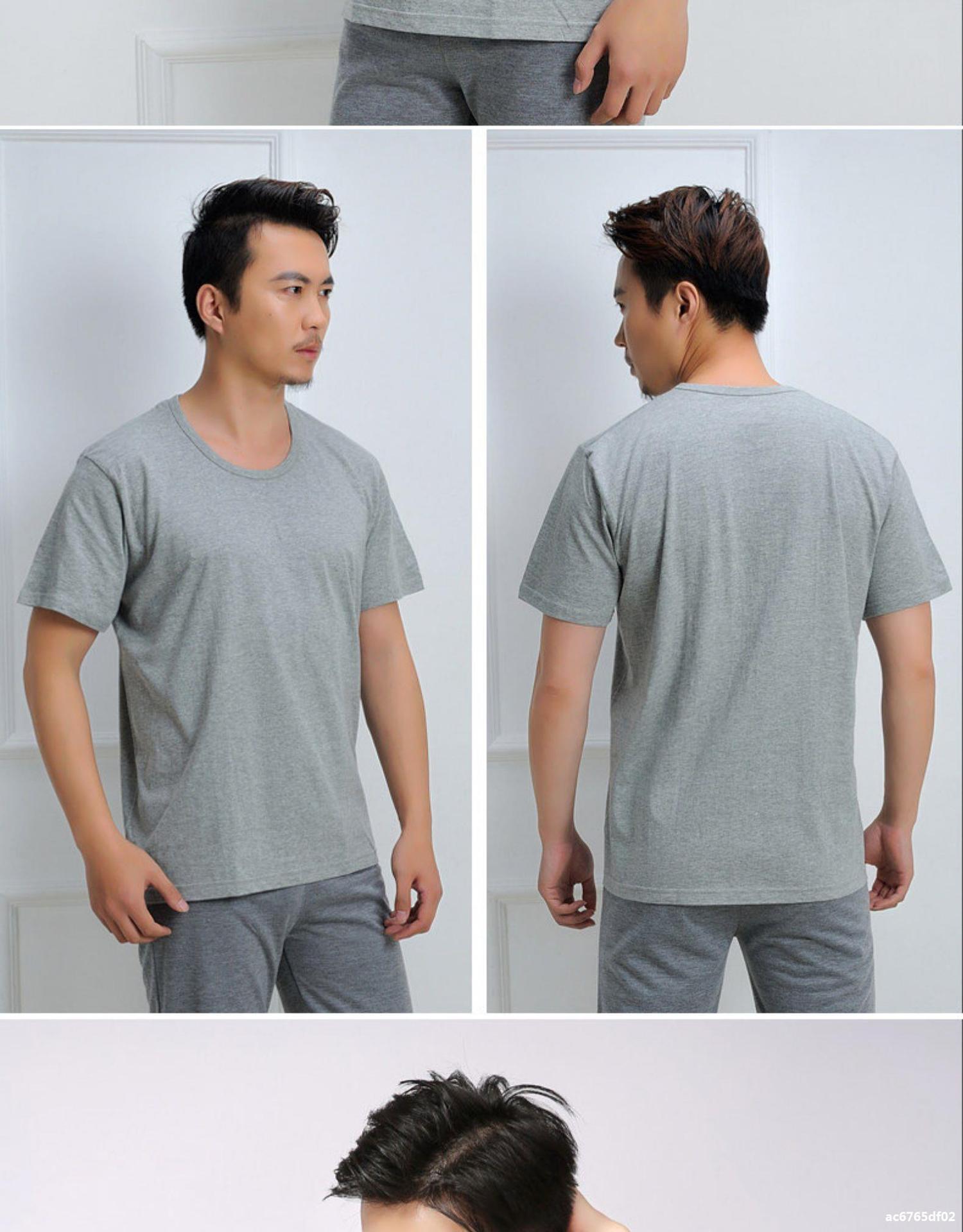 男士圆领老头衫棉短袖宽松爷爷t恤大码白色中老年人汗衫男棉