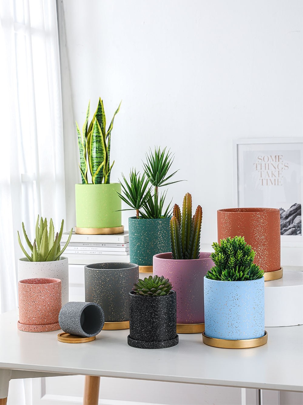 陶瓷直筒花盆带托盘创意个性绿萝专用小号轻奢北欧风简约圆形盆器