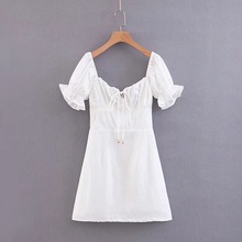 9132-20夏款 韩版宫廷风方领胸前系绳短袖白色净面连衣裙 短裙