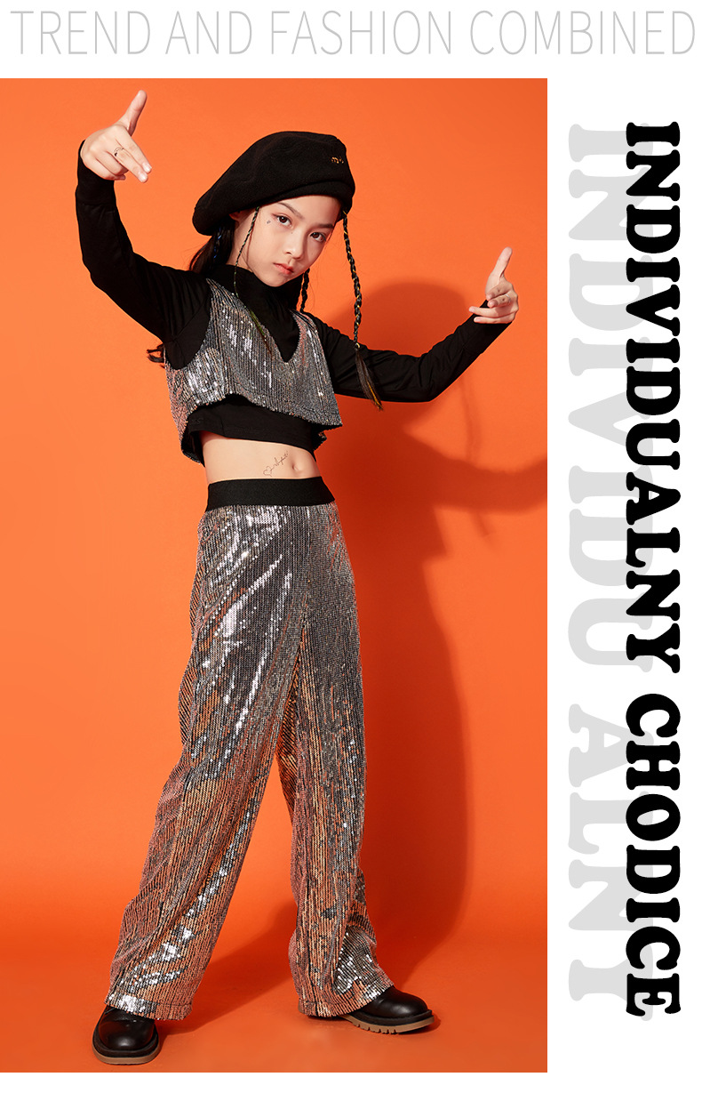 新款女童t台走秀爵士舞六一演出少儿露脐装jazz亮片裤子定制表演