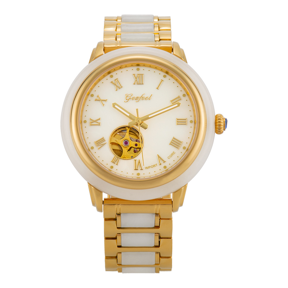 玉表工厂货源和田玉白玉镂空机械钢玉带手表男女款有证书一件代发