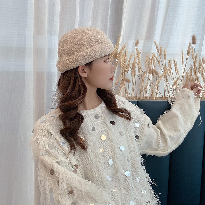 秋冬季复古羊羔绒地主帽女生瓜皮帽韩版雅痞男百搭情侣休闲水手帽