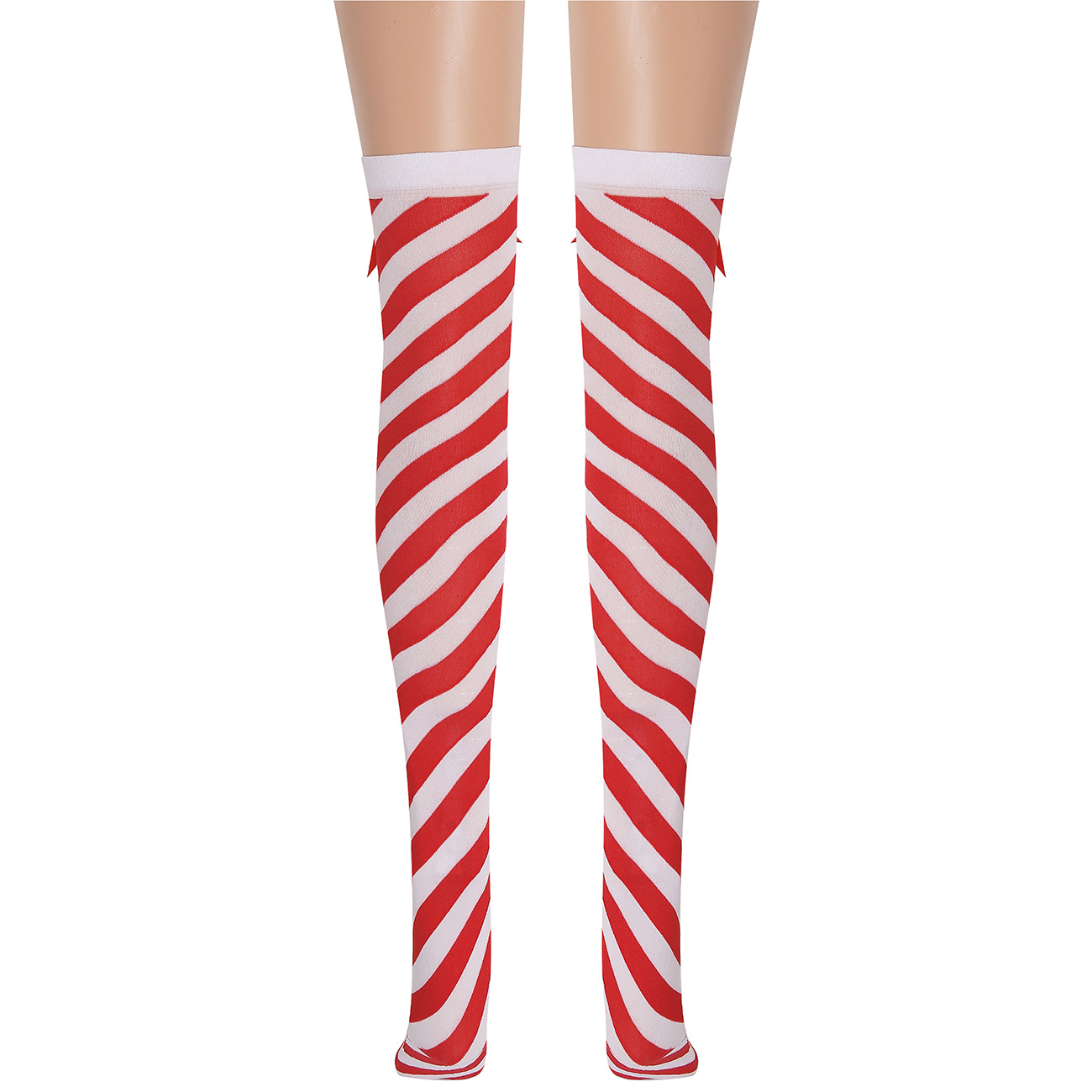 红白圣诞袜 蝴蝶结斜纹长筒袜 白红斜条纹过膝袜子 圣诞节丝袜