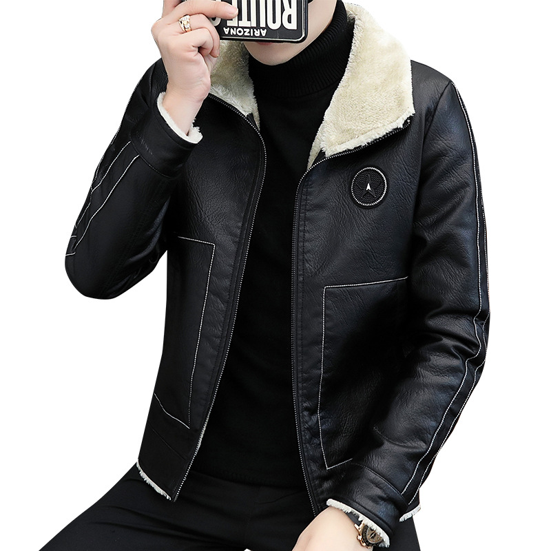 Men's Leather Coat Winter New Korean Style Slim-Fit Trendy Youth Handsome Men's Casual Lapel Fleece-Lined Warm Leather Jacket