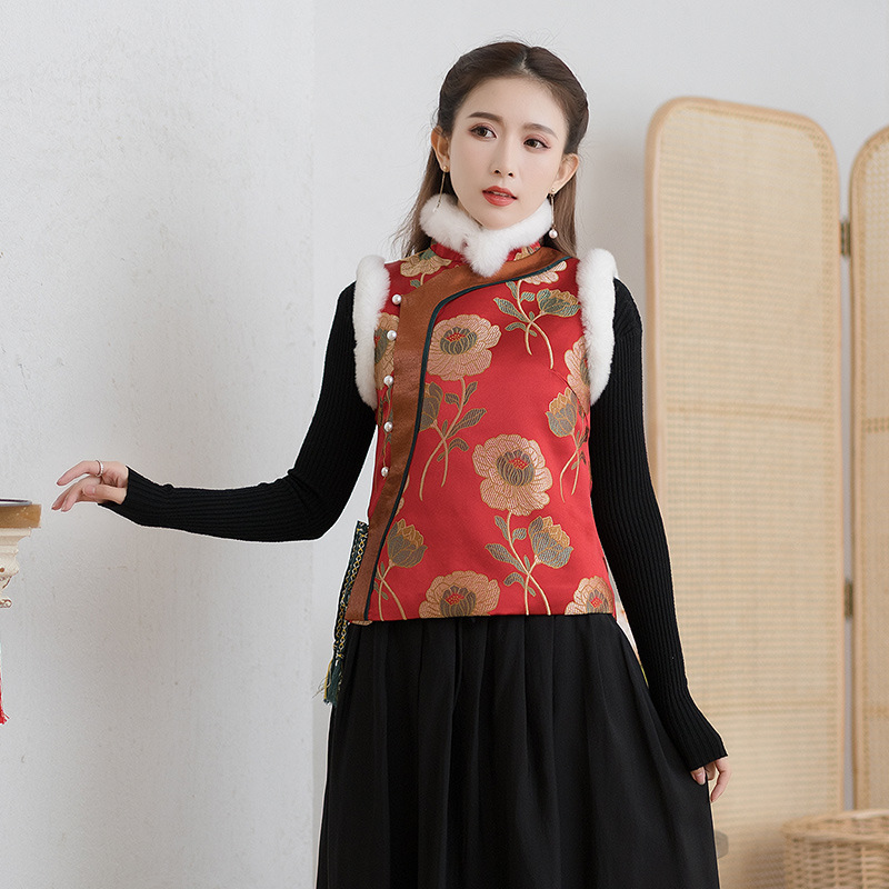现货批发g2698复古中国风棉马褂女秋冬提花锦绒毛领夹棉保暖马甲