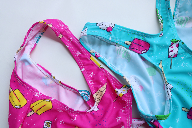 儿童泳衣外贸新款 中大童高弹连体三角泳衣 女童冰淇淋印花游泳衣