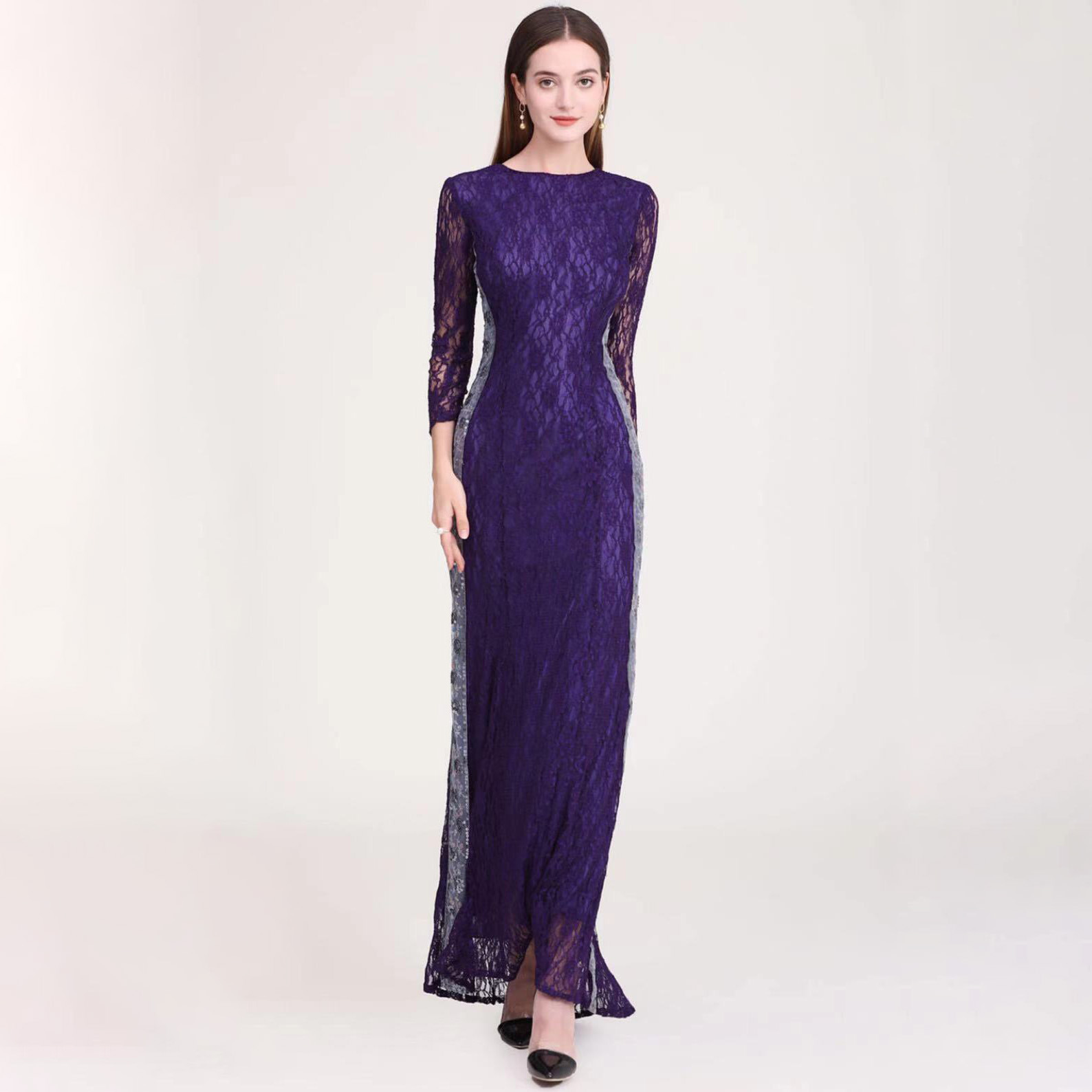 嘉禾服饰新款蕾丝修身长袖连衣裙气质礼服裙修身晚会礼服