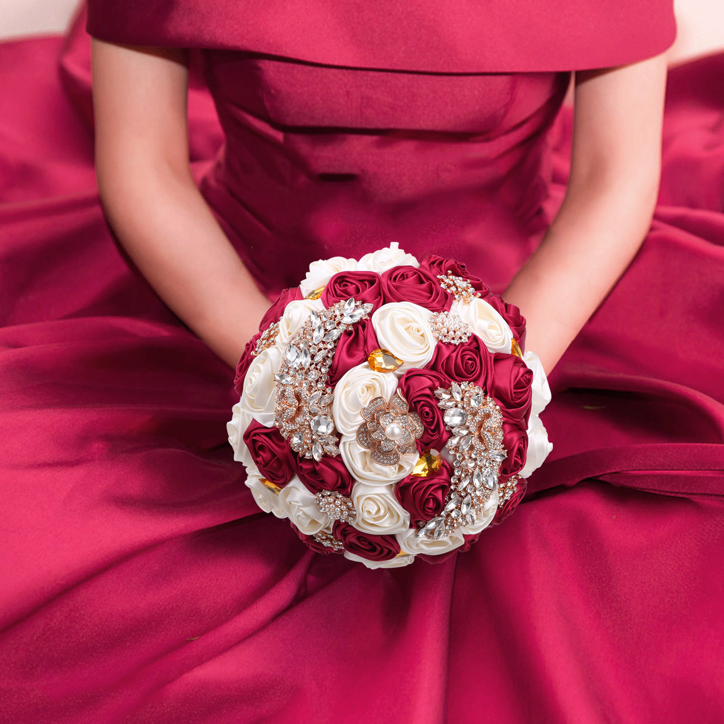 现货新娘手捧花金色水钻欧美婚庆用品缎带花束亚马逊热卖w375g