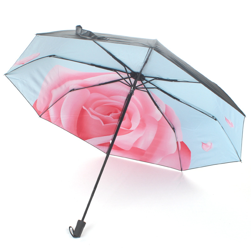 晴雨两用折叠太阳伞 黑胶三折伞 玫瑰花雨伞