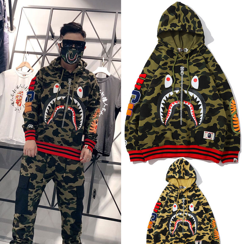 外贸批发日系潮牌鲨鱼头运动系列迷彩红边连帽衫女套头卫衣男外套
