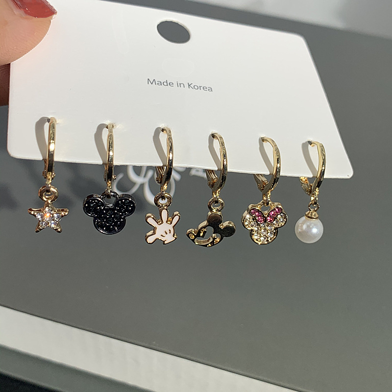 Mori Style 6-Piece Cute Mickey Mouse Earrings Girl Heart Ear Ring Fun Asymmetric Earrings Fashion Earrings for Women