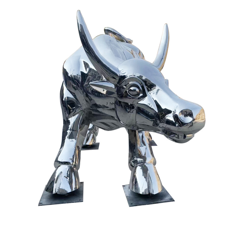 定制不锈钢镜面牛 华尔街牛不锈钢摆件 动物景观金属雕塑厂家定制