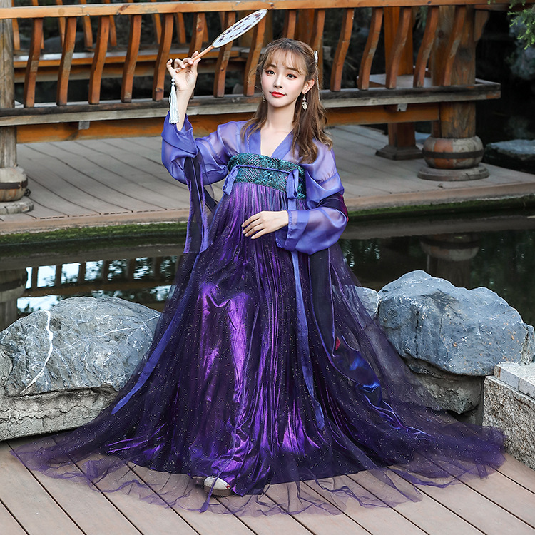 日常改良汉元素汉服星星空渐变紫色齐胸襦裙古风飘逸星空古装套装