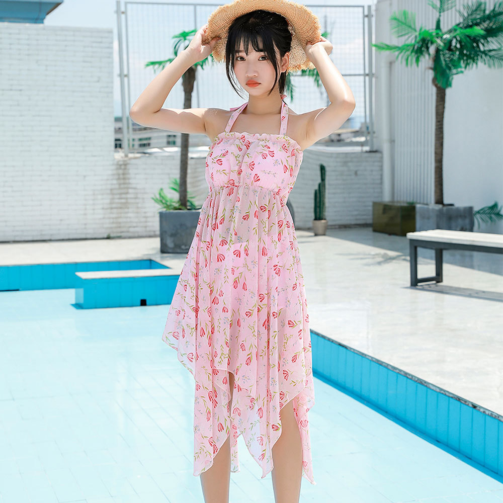 碎花雪纺可爱日系泳衣女保守连体甜美少女学生小清新三件套泳衣