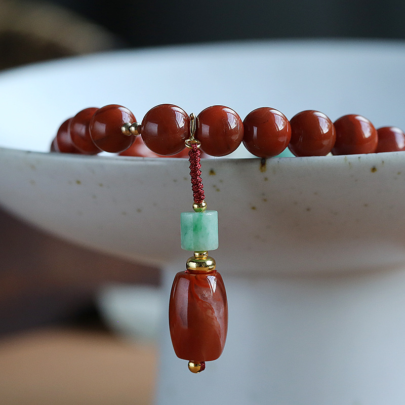 本命年7mm川料双层南红玛瑙手链14k包金珠南红桶珠滴流辟邪手串女