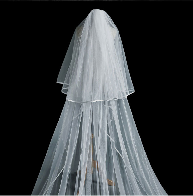 张馨予同款轻奢婚纱缎面包边头纱超长款3米加宽纱简约气质拖尾