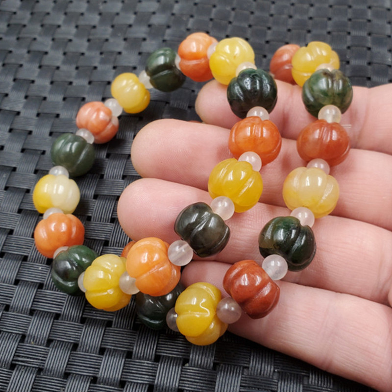 石玉缘新疆和田金丝玉南瓜珠手链俏色玉石手链石英岩玉手链玉手串