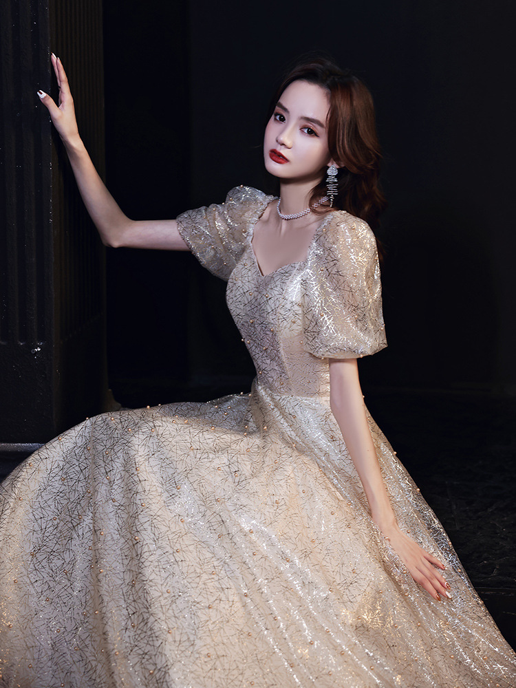 宴会晚礼服2020新款冬香槟金色公主仙气主持人长款蓬蓬裙礼服裙女