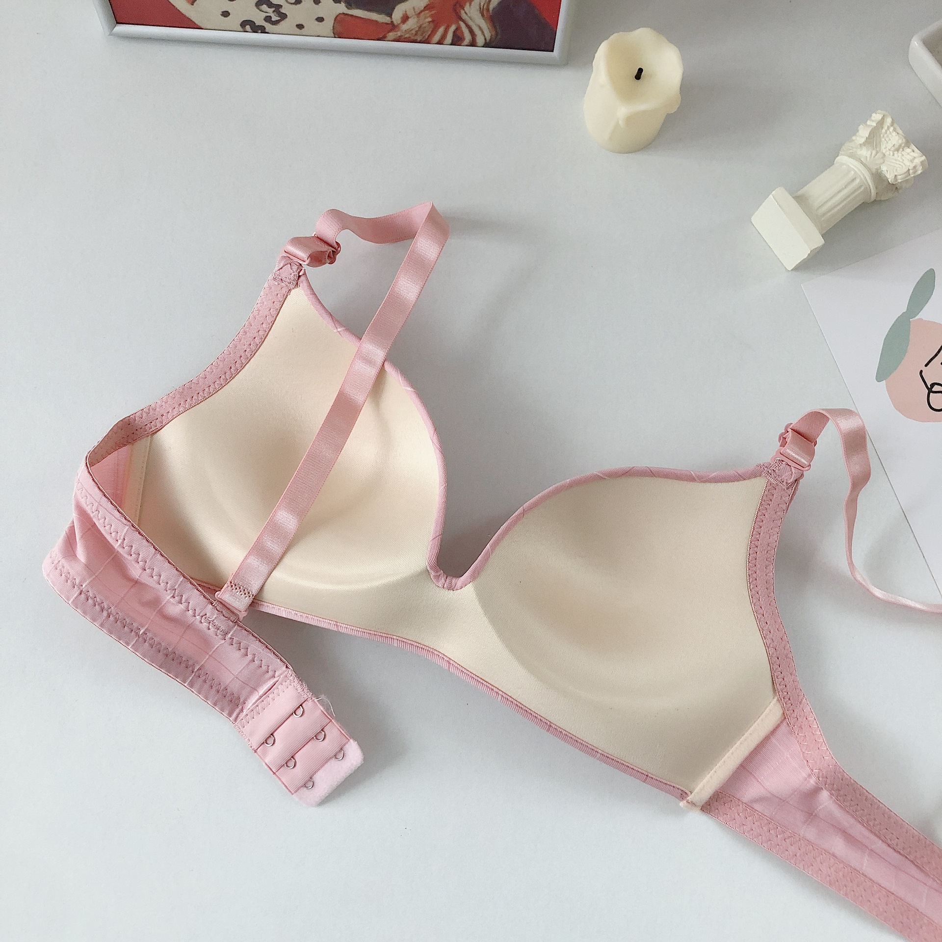 新品日系超薄无痕无钢圈舒适聚拢格子轻薄款少女文胸内衣胸罩套装