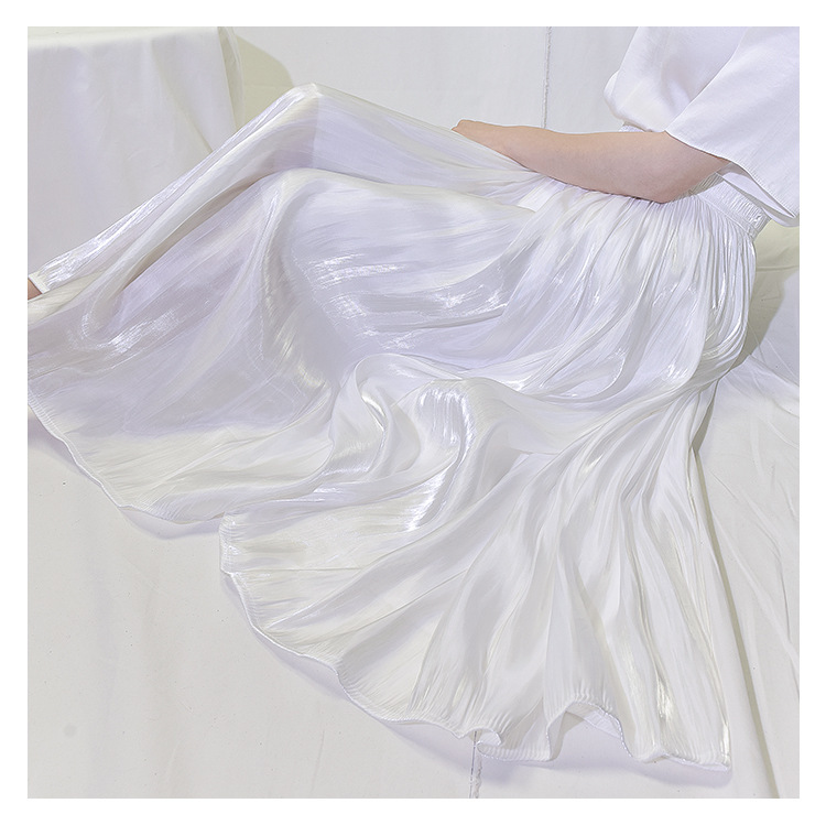 New Spring and Summer Pearlescent Glossy Silky Draping Wide Hem Flowy Pleated Skirt High Waist Mid-Length A- line Skirt Women