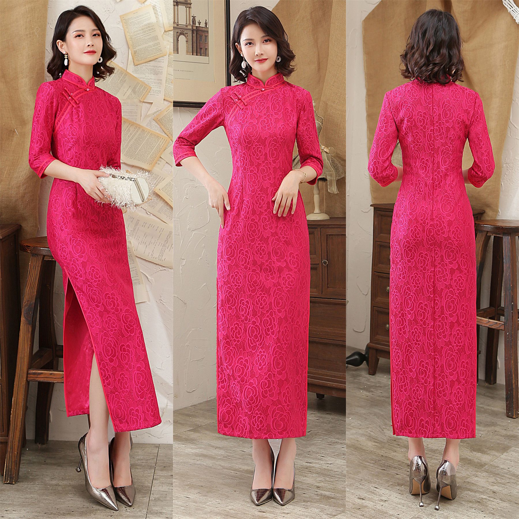 2020新品爆款蕾丝旗袍 日常复古大码长款走秀回娘家婚礼旗袍批发