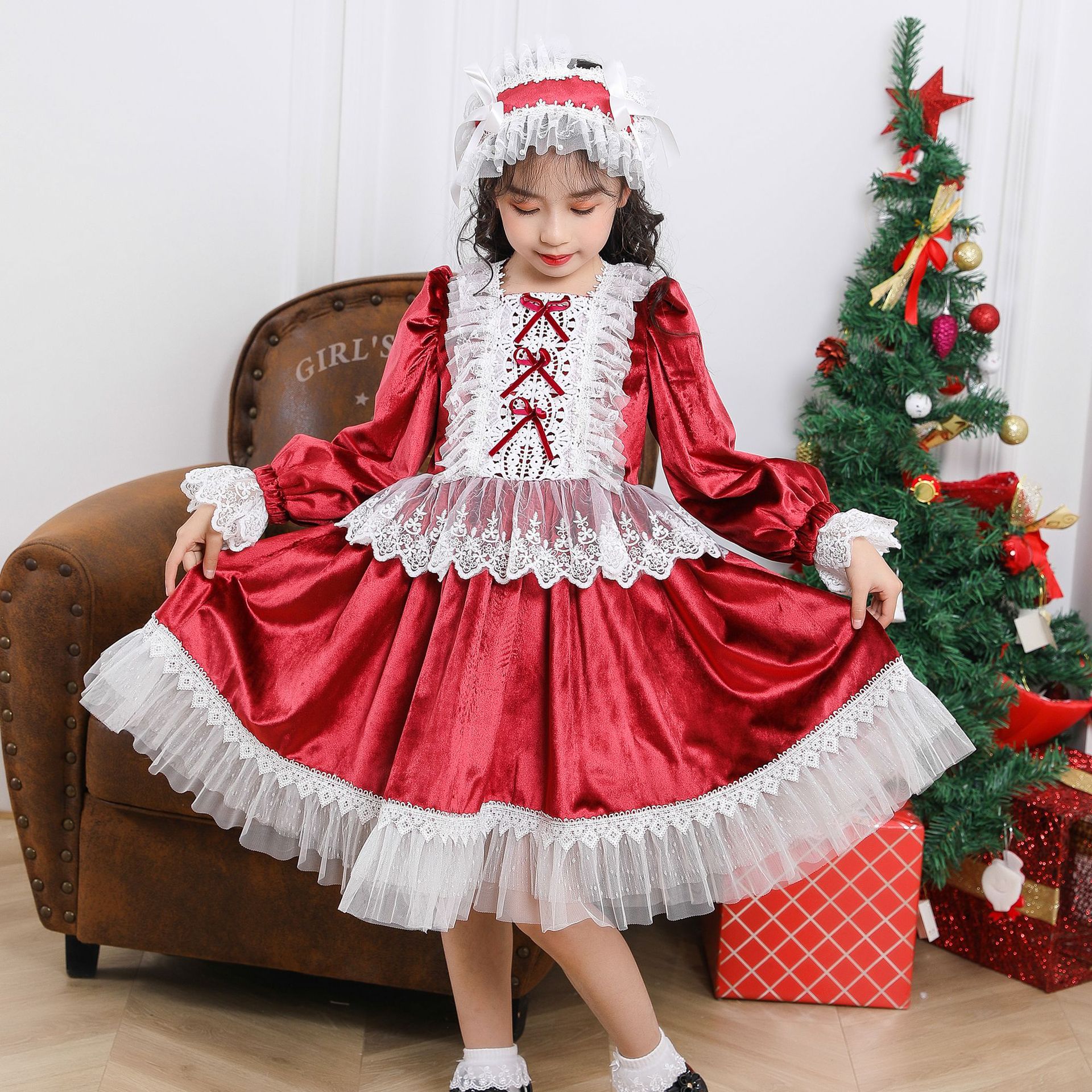 春秋冬女童裙圣诞裙洛丽塔公主裙丝绒花边连衣裙加绒长袖气质裙