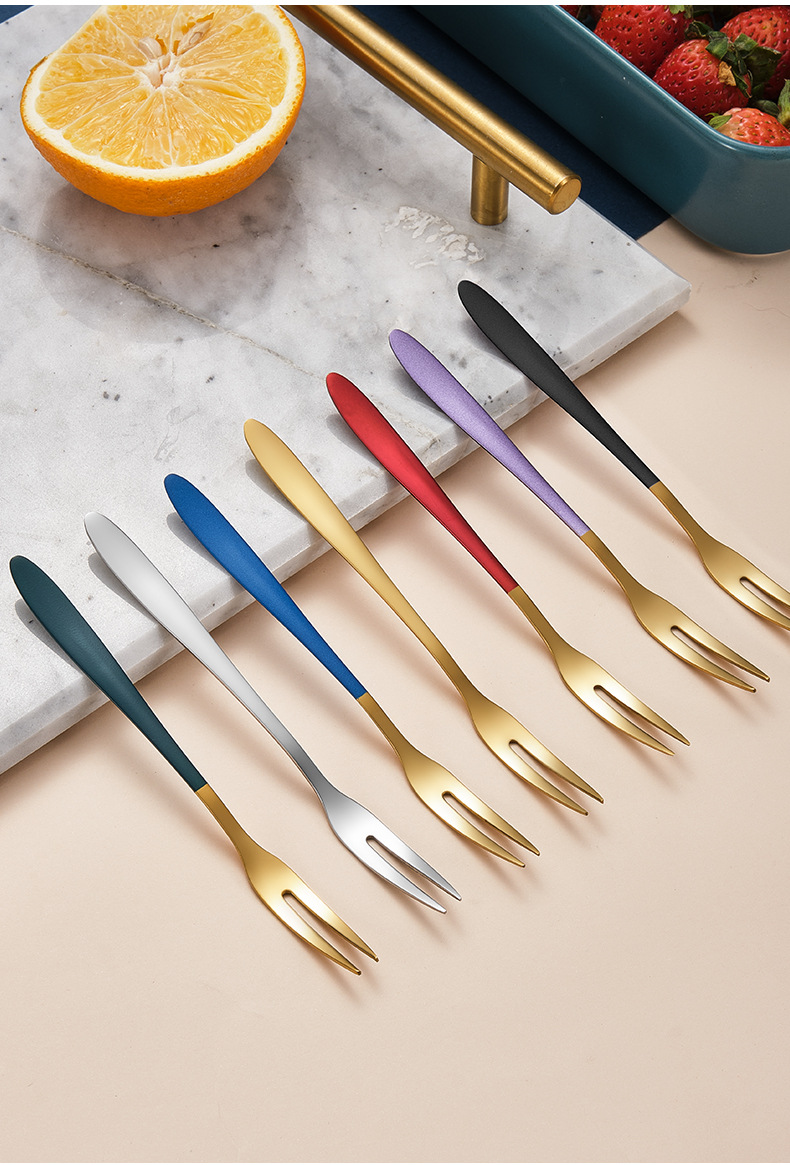 304不锈钢水果叉创意韩式二齿烤漆磨砂甜品网红水果叉可定logo