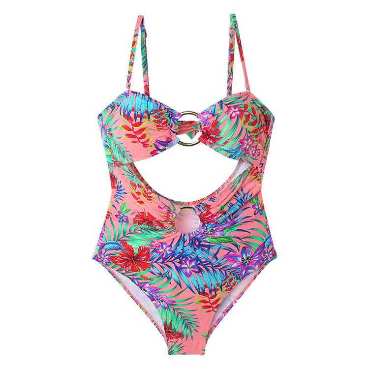 厂家定制新款批发韩国连体性感露背镂空印花泳装温泉度假游泳衣女